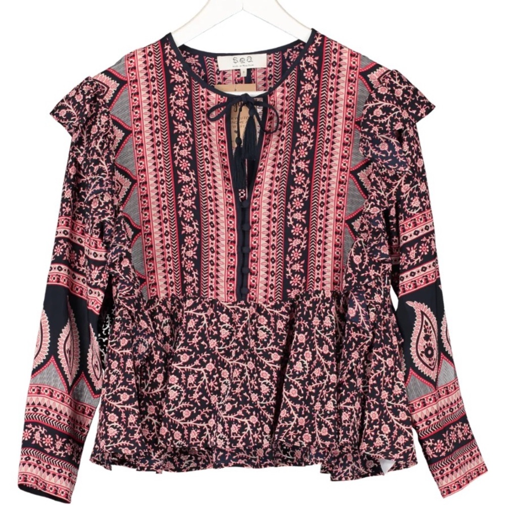 BEAUTIFUL SEA NEW YORK 100% SILK NAVY/RED RUFFLE TASSEL BLOUSE, WORN ONCE